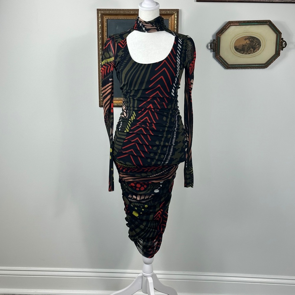 Fuzzi Mesh Bodycon Ruched Geometric Patterned Midi Dress - SIZE M